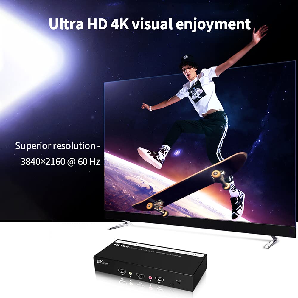 Hdmi Kvm Switch 2 Computer 1 Monitor 4K@60Hz 4:4:4, 2 Pcs Share Monitor Keyboard Mouse Printer Scanner, Usb 2.0, Audio, Hotkey,