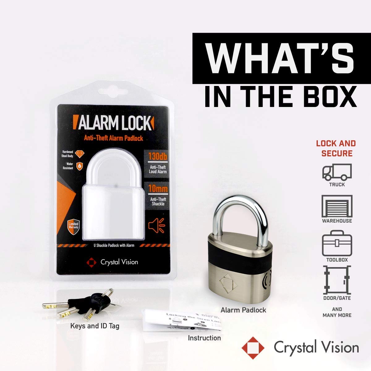 Crystal Vision Anti Theft Loud 130Db Alarm Lock Weather Proof Heavy Duty Multi Purpose (10Mm)