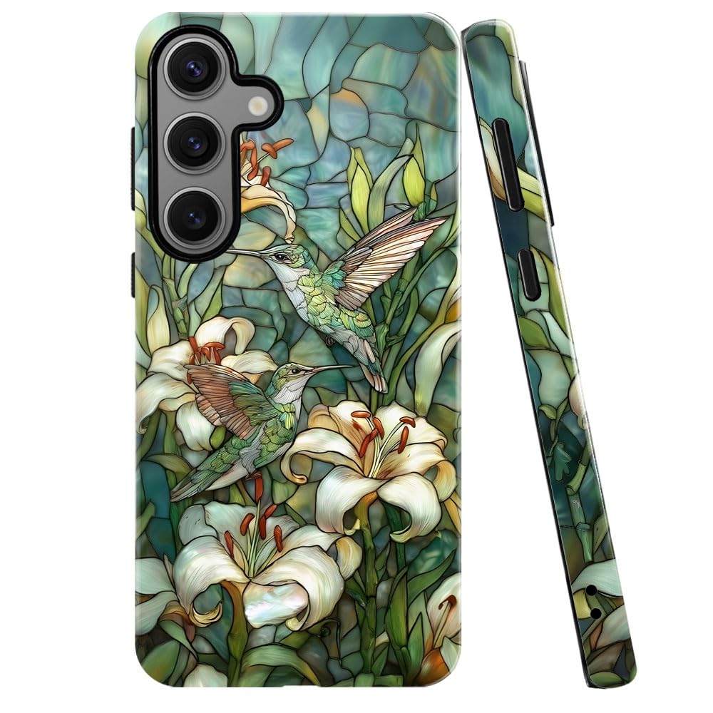 Case for Samsung Galaxy S24 FE,Stained Glass Hummingbird Lily Phone Case Military-Grade Drop Protection Cover for Women Girl - G