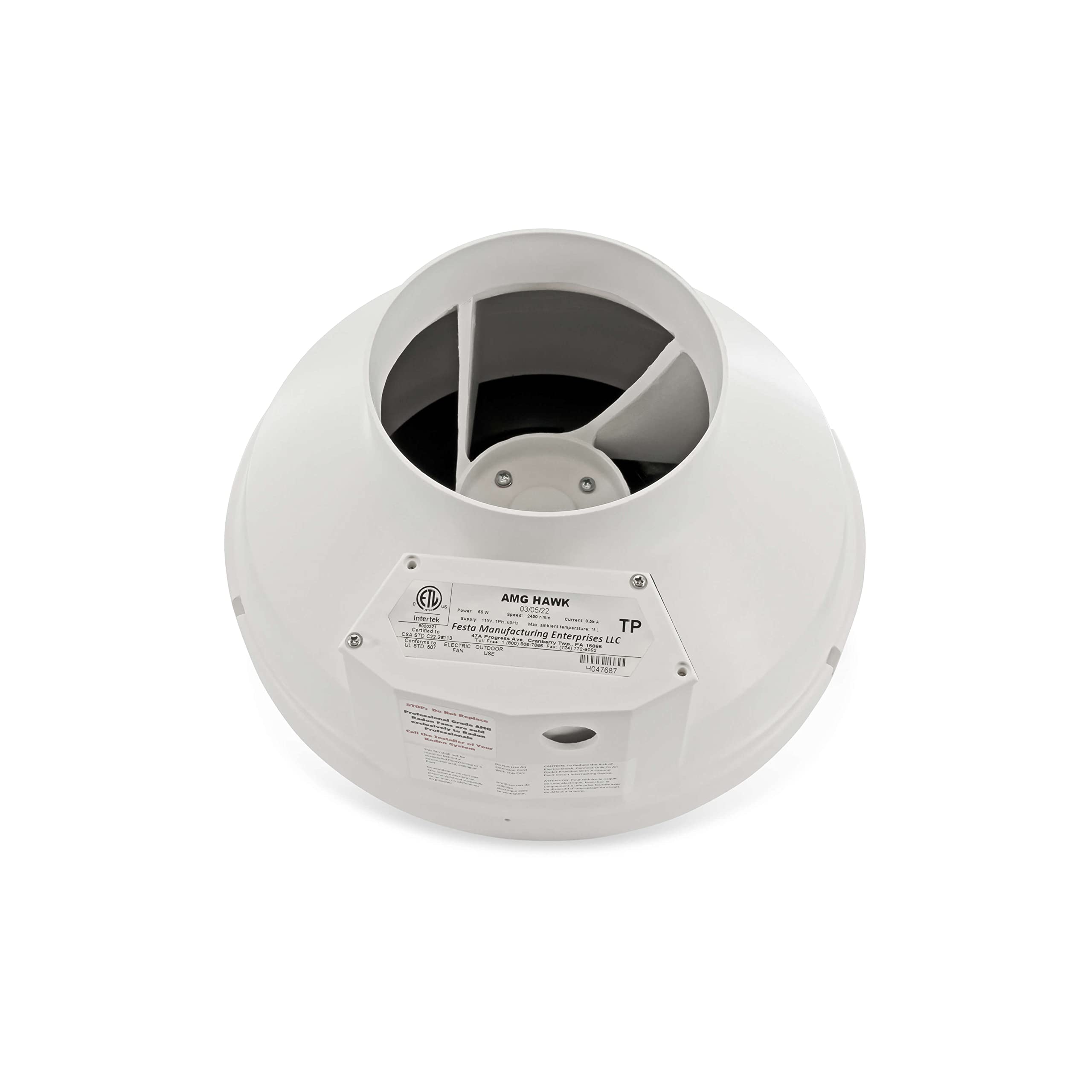 Festa AMG Hawk Radon Fan - 6" Quiet Inline Duct Fan, Energy Efficient, Waterproof, White, Glass Reinforced Poly-Resin