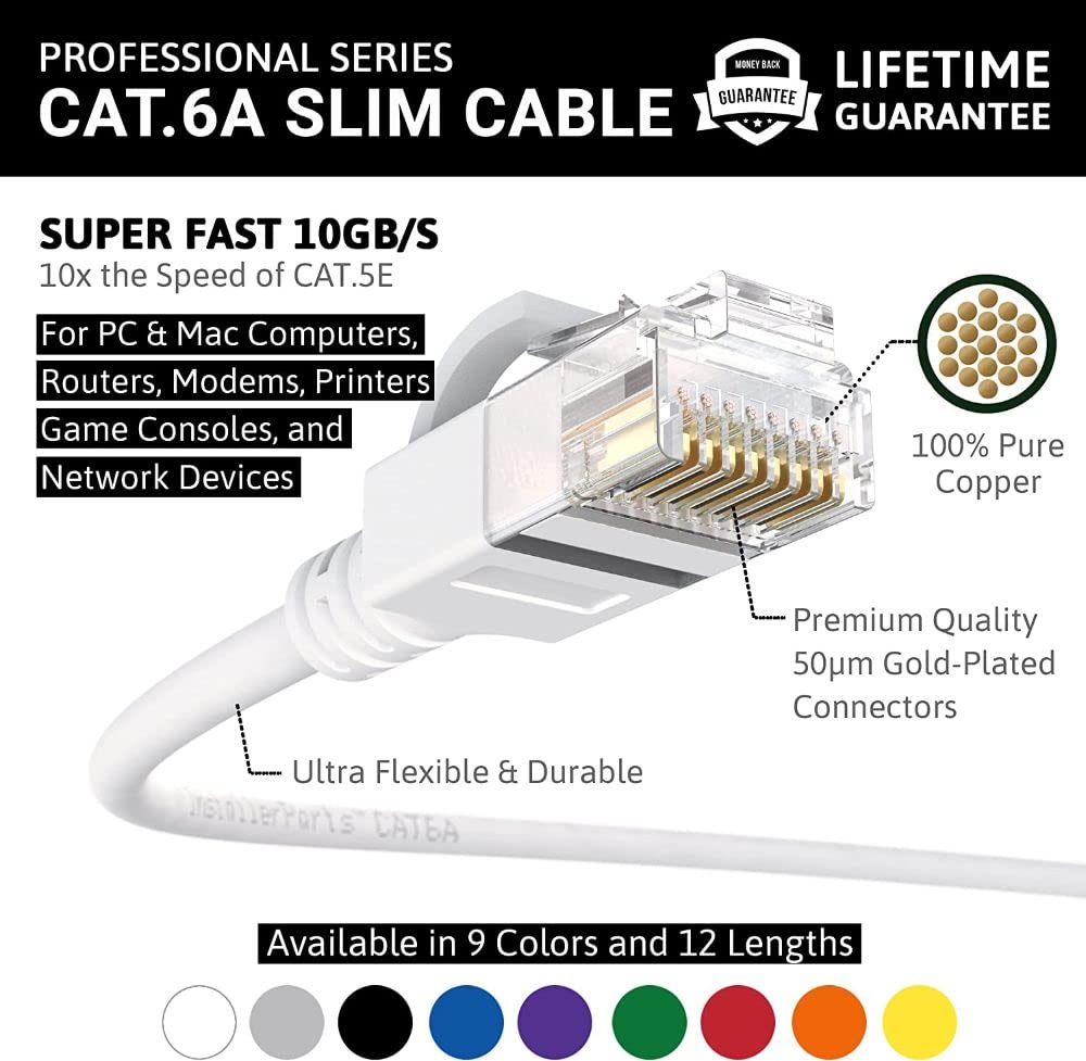 Installerparts Ethernet Cable Cat6A Slim Cable Utp Booted 1 Ft (5 Pack)   White   Professional Series   10Gigabit/Sec Network/Hi