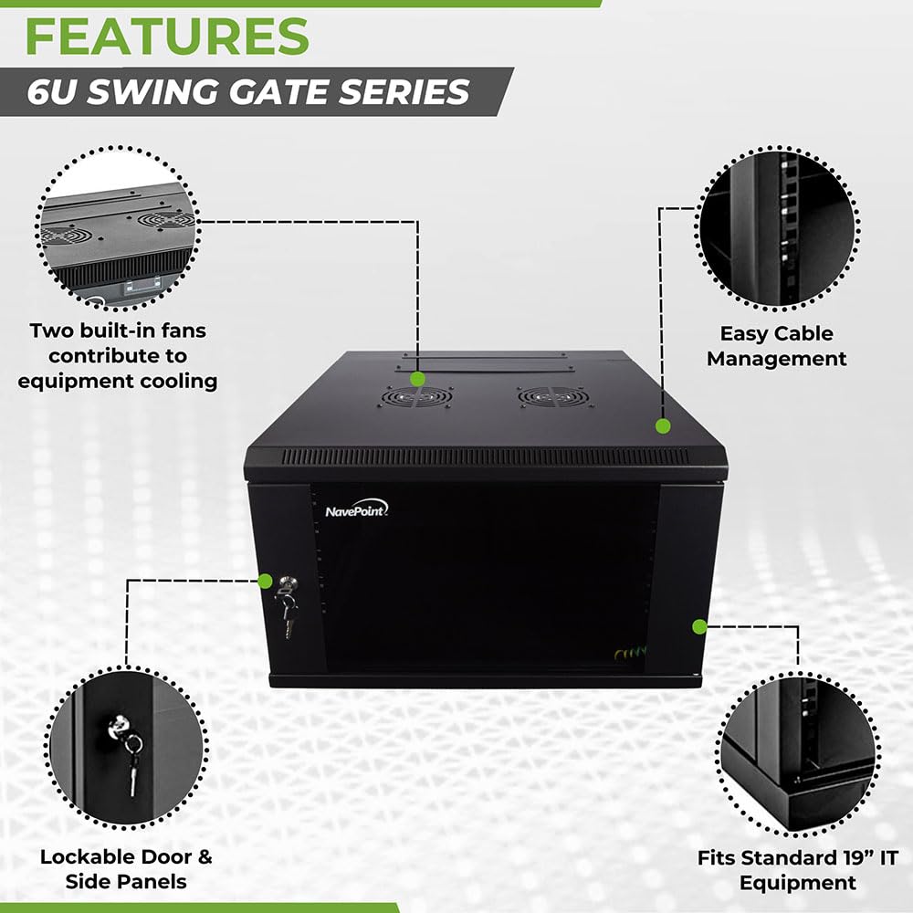 Navepoint 6U Server Cabinet With Hinged Back   23.6    Deep, 6U Server Rack Enclosure With Locking Glass Door, Wall Mount Rack W