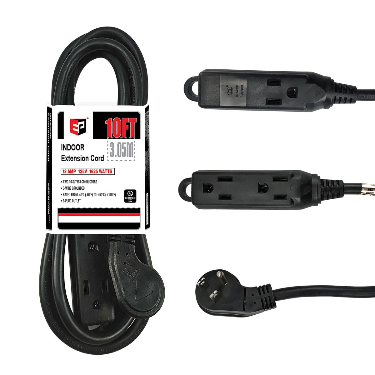 Ep Low Profile 10 Ft Flat Plug Extension Cord   16 Awg 3 Prong Grounded Cable With 3 Outlets, Perfect For Indoor Use, Black, Ul