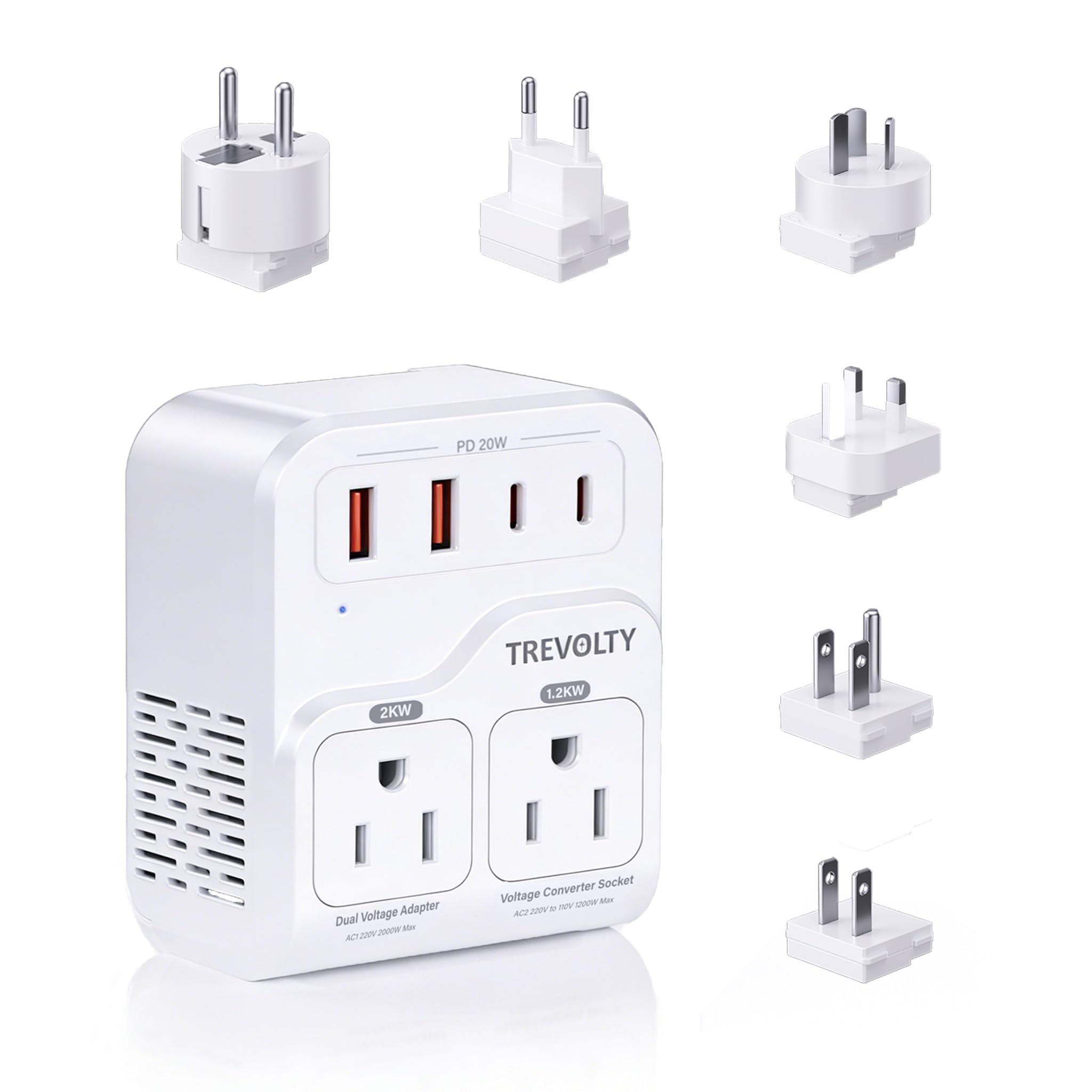 2000W Voltage Converter US to Europe for Hair Dryers, 7in1 220V to 110V Converter for European Travel with 3 AC/2 USBA/2 USBC 