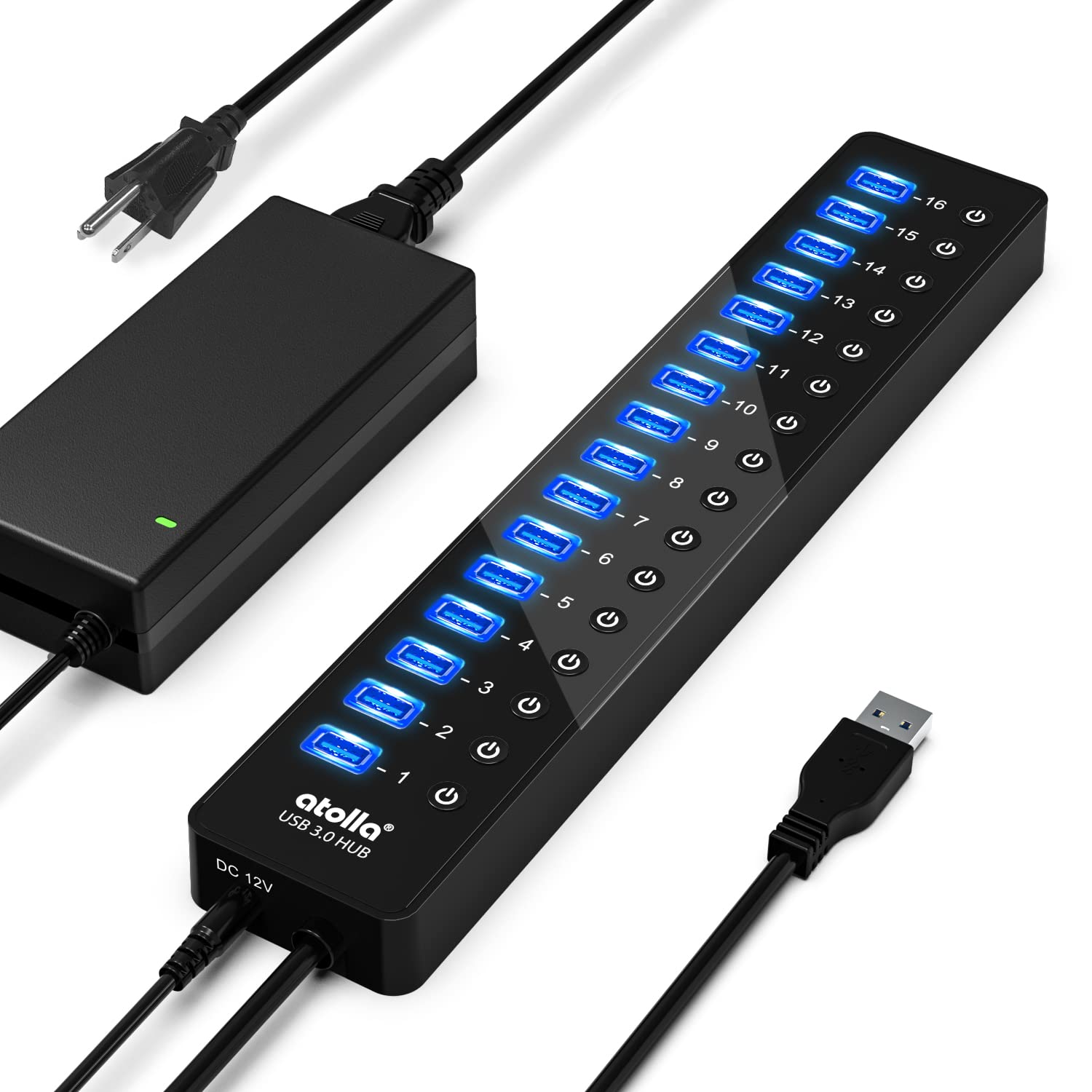 Power USB Hub 3.0, atolla 16 Port USB Splitter with 12V/6A Power Adapter and Individual Switches, High-Speed Data Transfer for L