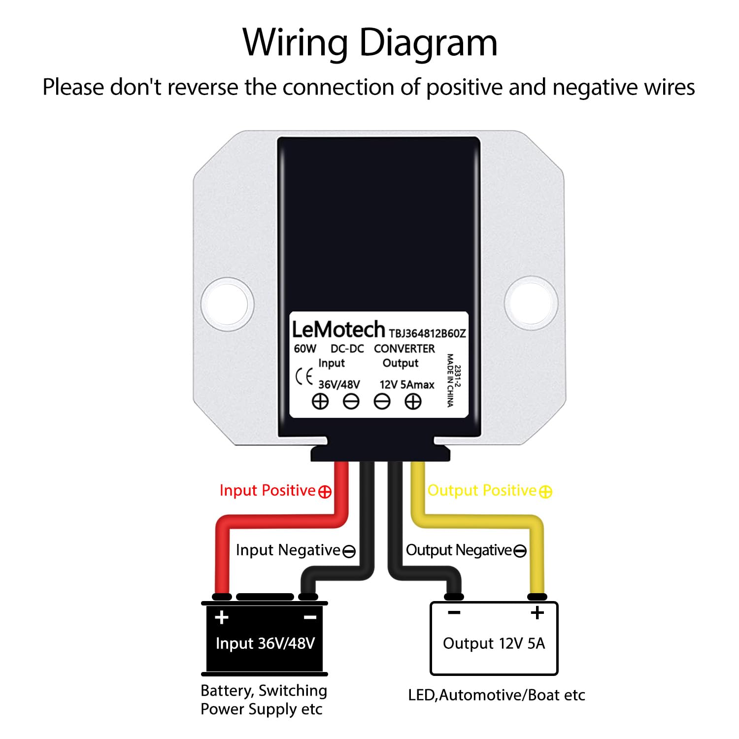 Lemotech Dc 36V/48V To 12V Converter 5A 60W Step Down Converter Voltage Reducer Ip68 Waterproof Transformer For Golf Cart Truck