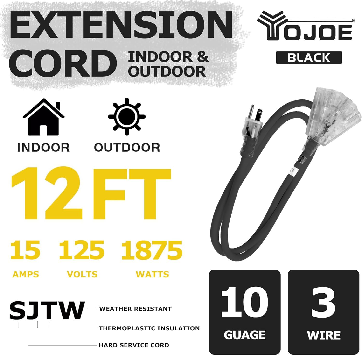 Yojoe 3 Outlets Indoor Outdoor Extension Cord With Lighted End, 3 Prong 15A Weatherproof Power Cord, 10 Gauge Heavy Duty 12 Ft B