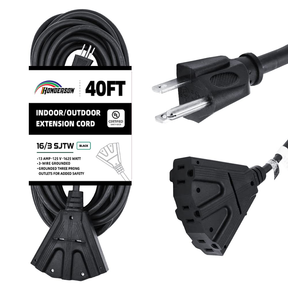 Honderson 3 Outlets Indoor Outdoor Extension Cord Weatherproof, Ul Listed, 16 Gauge 40Ft Black 3 Prong Heavy Duty, 16/3 Sjtw 13A