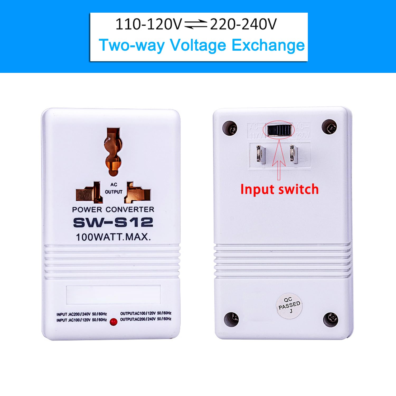 110V To 220V Step Up & Down Power Voltage Converter 100 Watt Transformer For Travel (White, 100W)