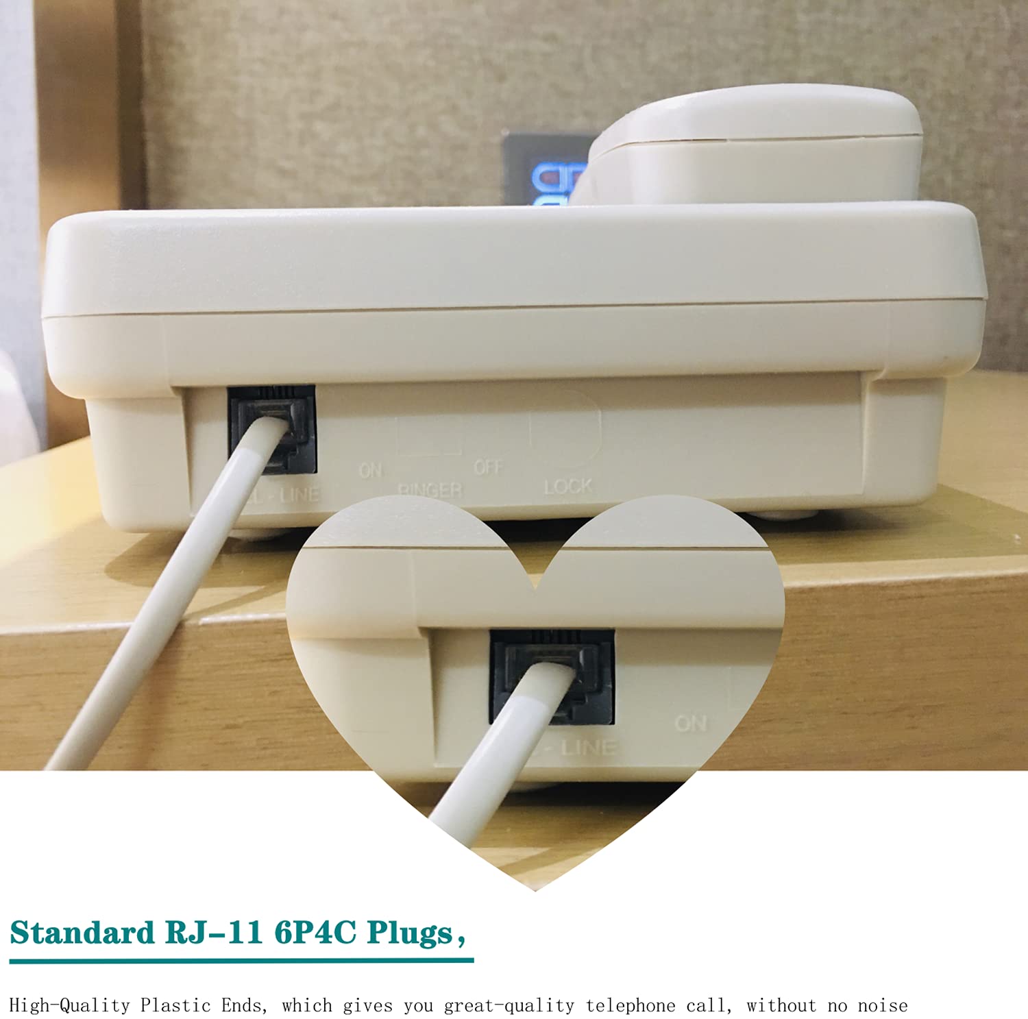 Lansensu Telephone Landline Extension Cord Cable Cord With Standard Rj 11 6P4C Plug (50Ft White, White)