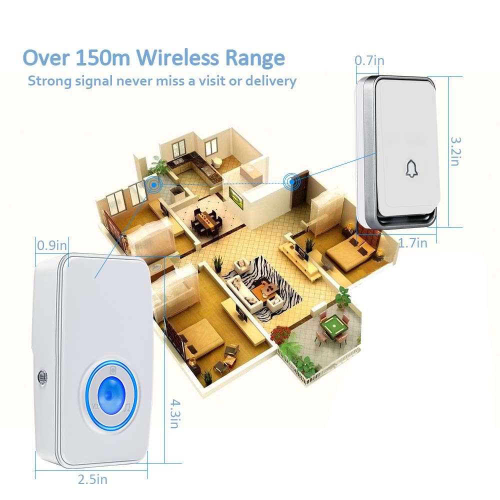 ?No Battery Required? Wireless Doorbell Waterproof, Aurtec Door Chime Kit With 1 Plug In Led Flash Receivers & 1 Press Self Powe
