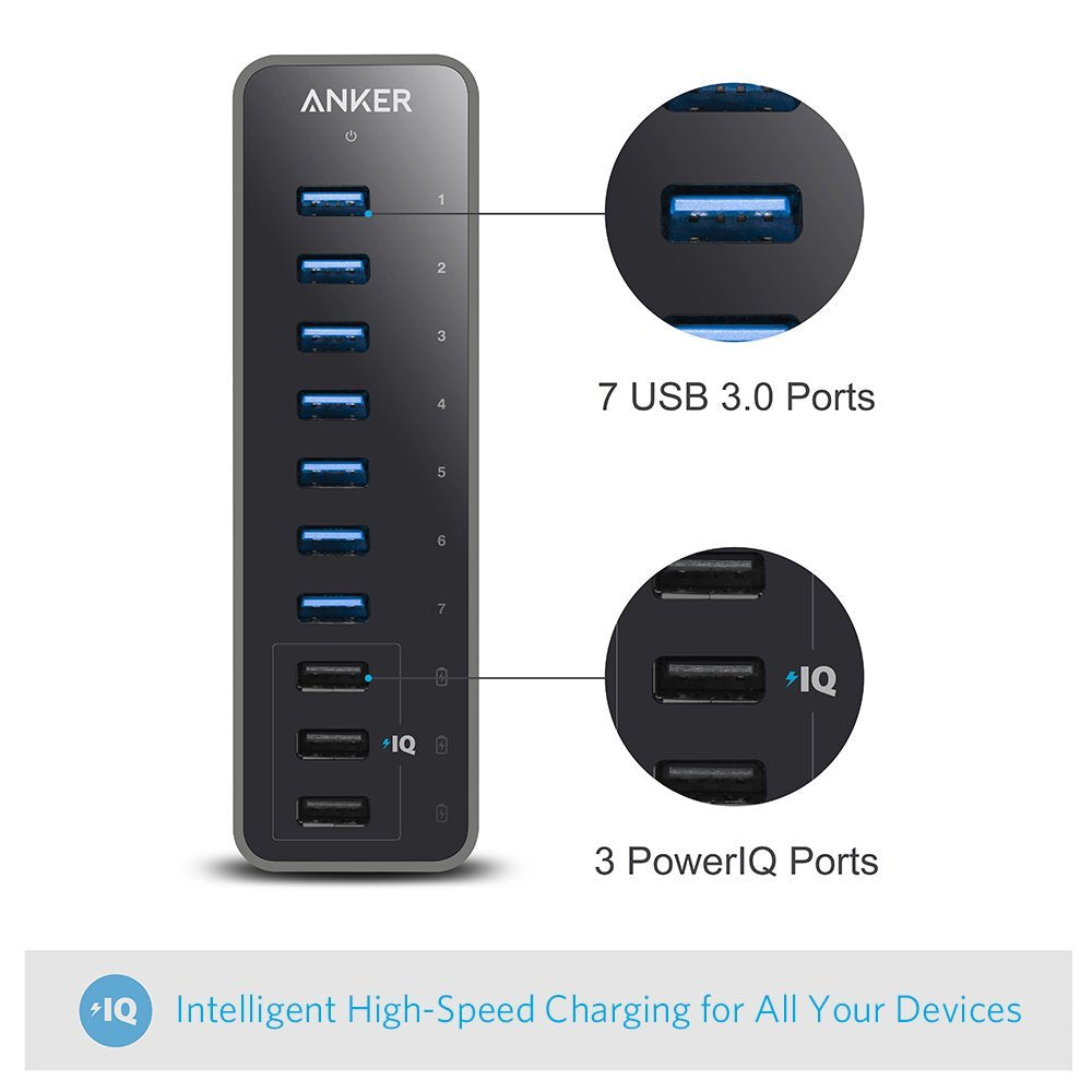 Anker 10 Port 60W Data Hub With 7 Usb 3.0 Ports And 3 Poweriq Charging Ports For Macbook, Mac Pro/Mini, Imac, Xps, Surface Pro,