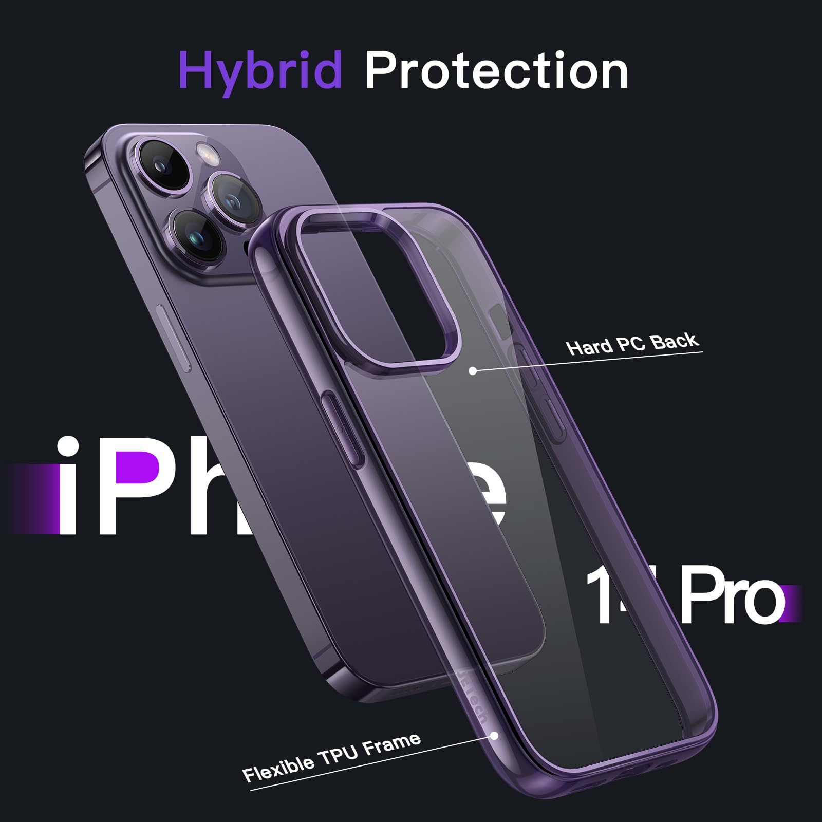 Jetech Case For Iphone 14 Pro 6.1 Inch, Non Yellowing Shockproof Phone Bumper Cover, Anti Scratch Clear Back (Deep Purple)