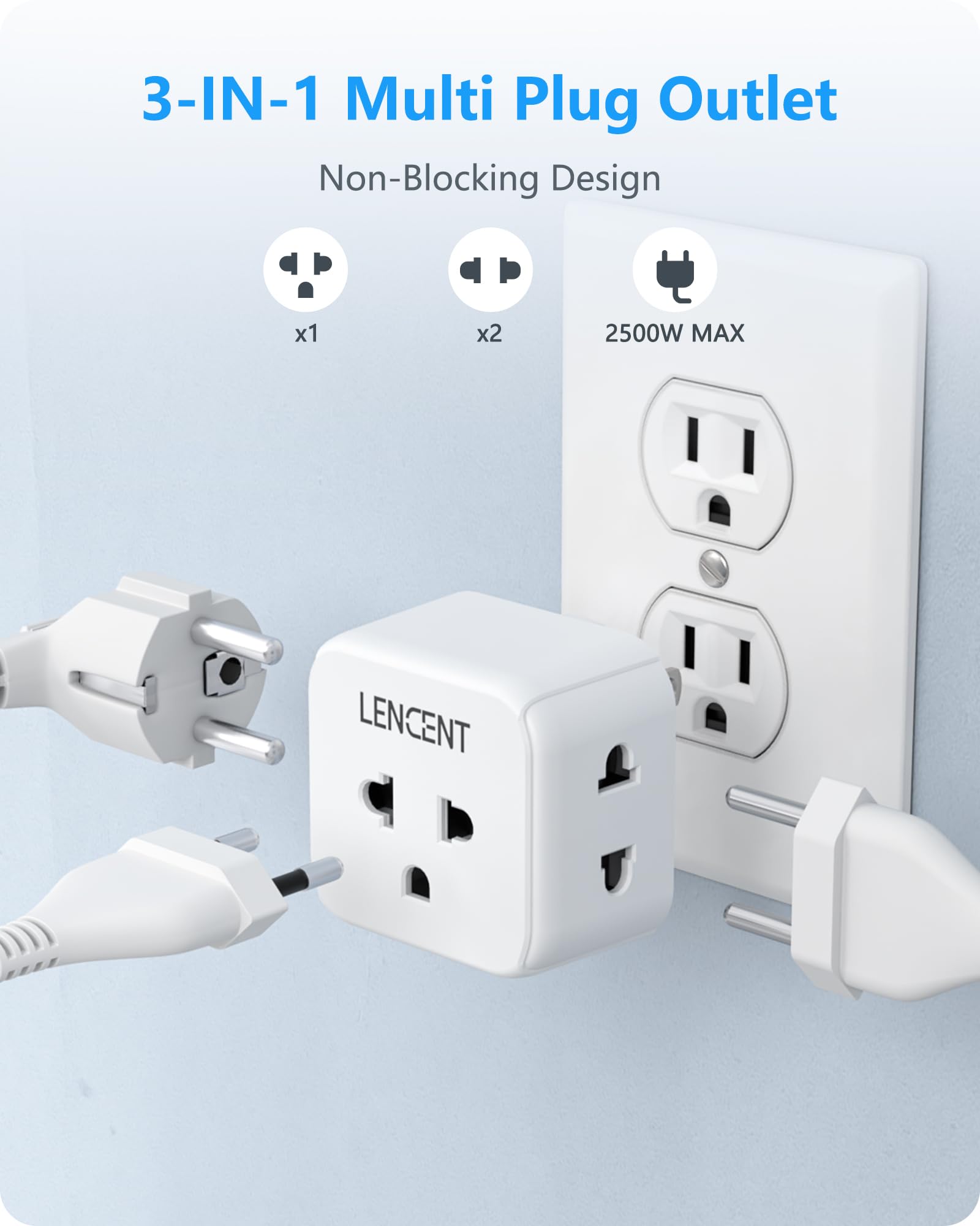 Lencent 2 Pack Eu To Us Plug Adapter, European To Usa Outlet Adaptor, Travel From Europe To American Outlet, 3 Outlet Extender,