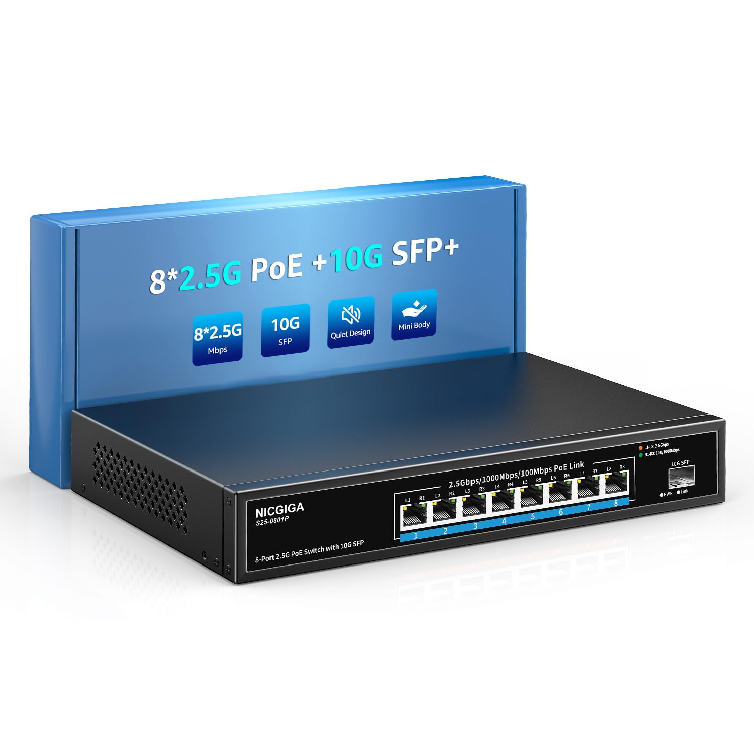 8 Port 2.5G Poe Switch Unmanaged With 8 X 2.5Gb Base T Poe+@120W + 10G Sfp Uplink, 2.5Gbe Ieee802.3Af/At Power Over Ethernet Swi