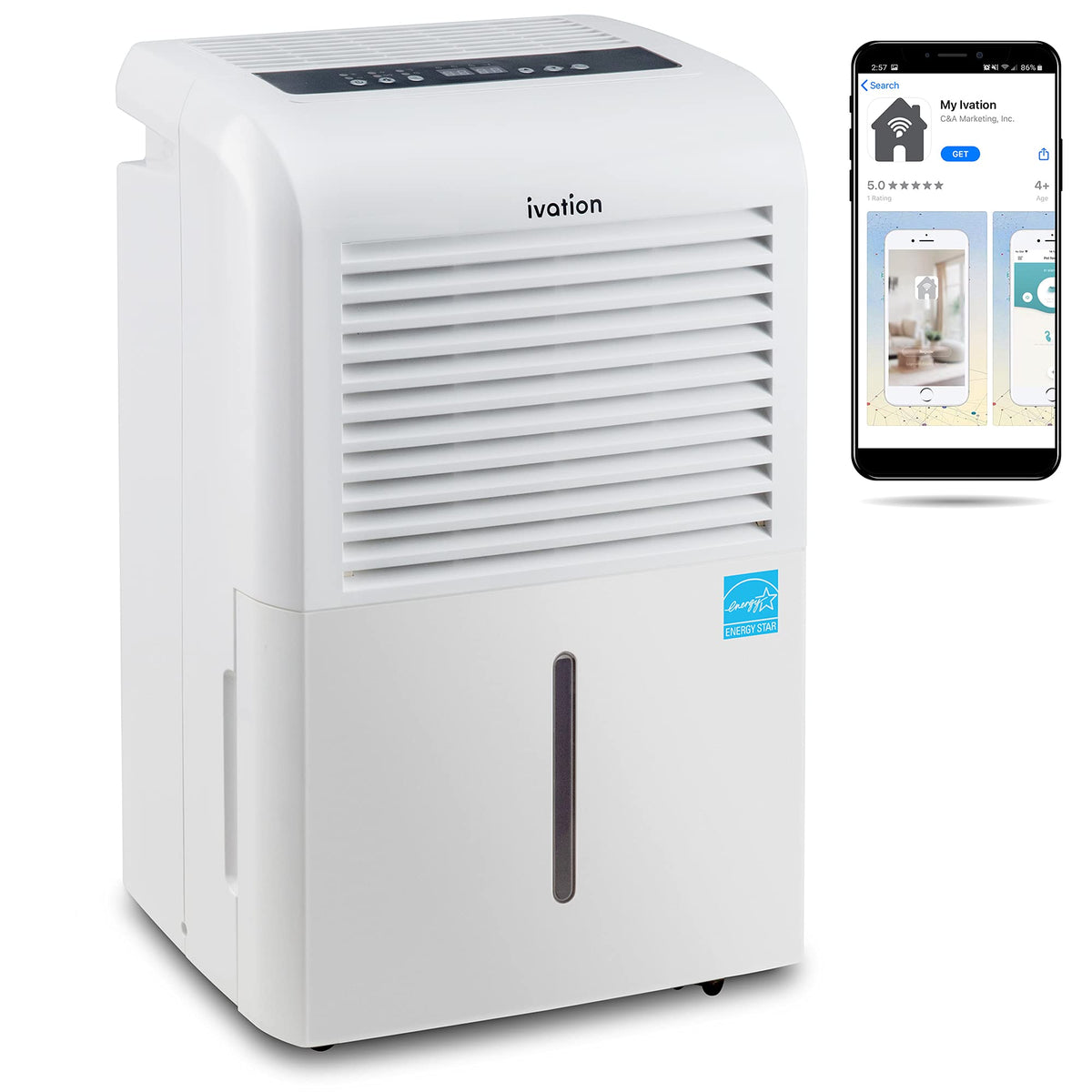 Ivation 4,500 Sq Ft Smart Wi Fi Energy Star Dehumidifier With App, Continuous Drain Hose Connector, Programmable Humidity, 2.25