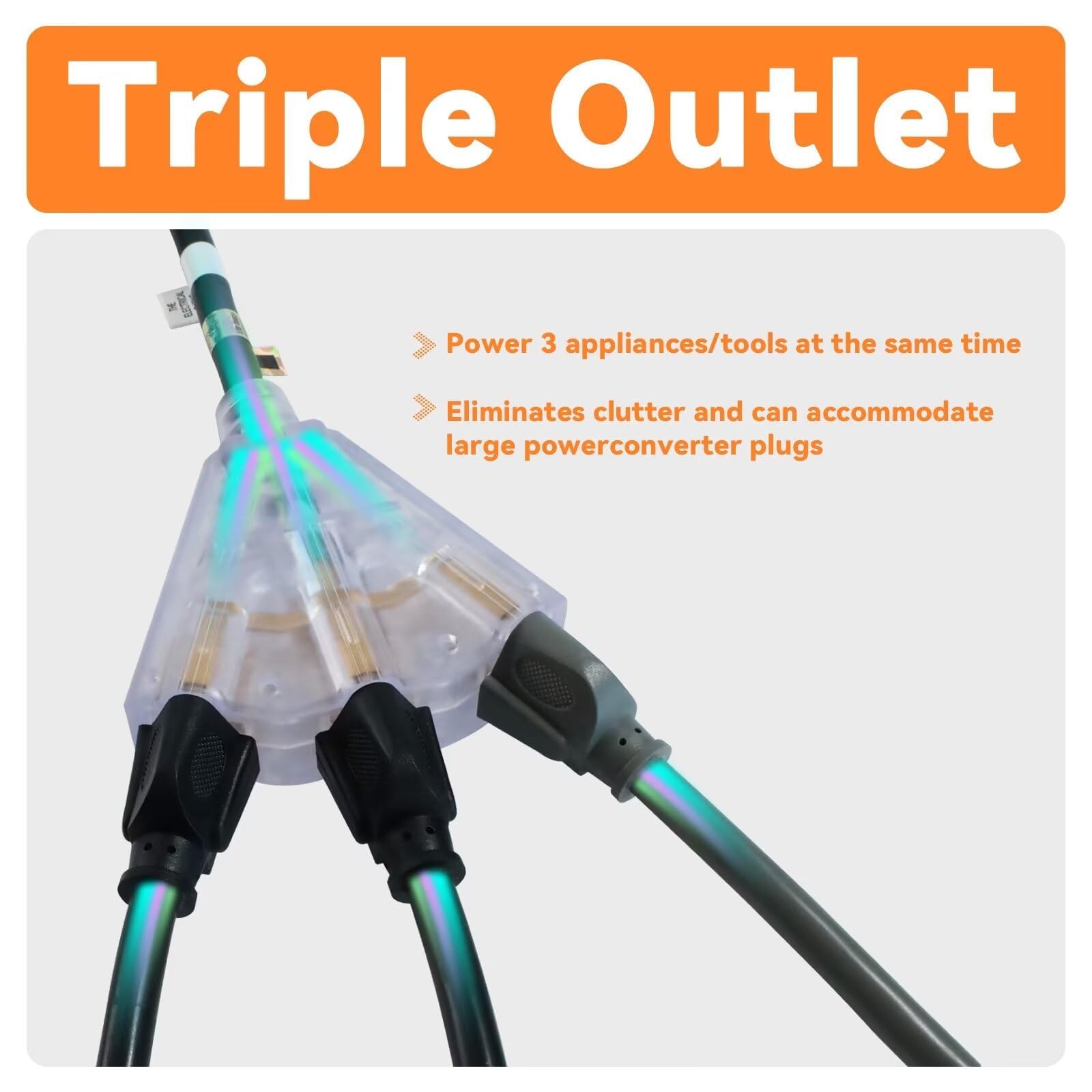 Ep 15 Ft 12 Gauge Heavy Duty Extension Cord, 15A 125V 1875W, 3 Outlet Indoor/Outdoor Power Cord With Lighted End, 12/3 Sjtw Weat