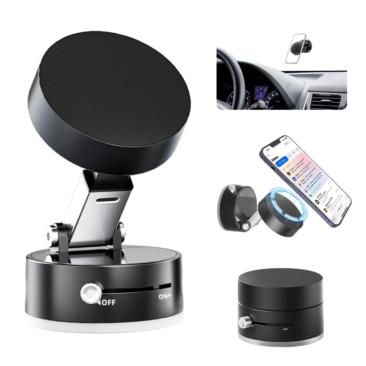 Auksky Vacuum Magnetic Phone Holder - 360 Rotatable, Foldable Car Mount With Windshield Suction Cup & Metal Ring Compatible With