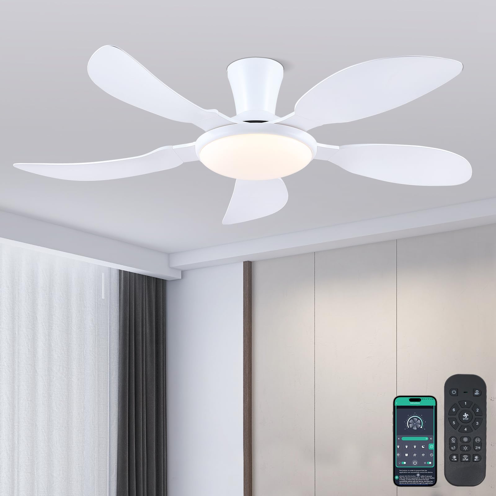 PHORUS 52 Ceiling Fans with Lights and Remote,White Low Profile Flush mount Ceiling Fans with Quiet Reversible DC Motor, Dimmabl