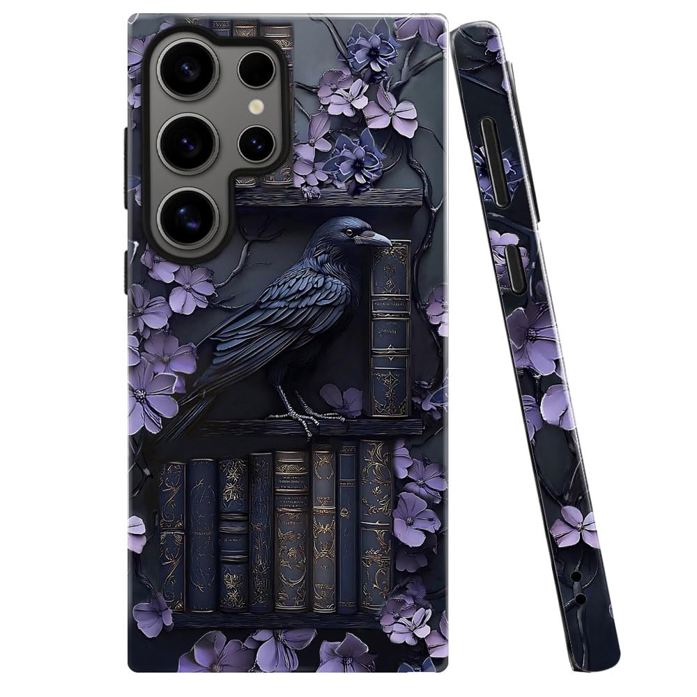 TnXee Case for Samsung Galaxy S24 Ultra,Purple Floral Crow Bookshelf Phone Case Drop Resistant Glossy 2 in 1 Solid Dual-Layer Co