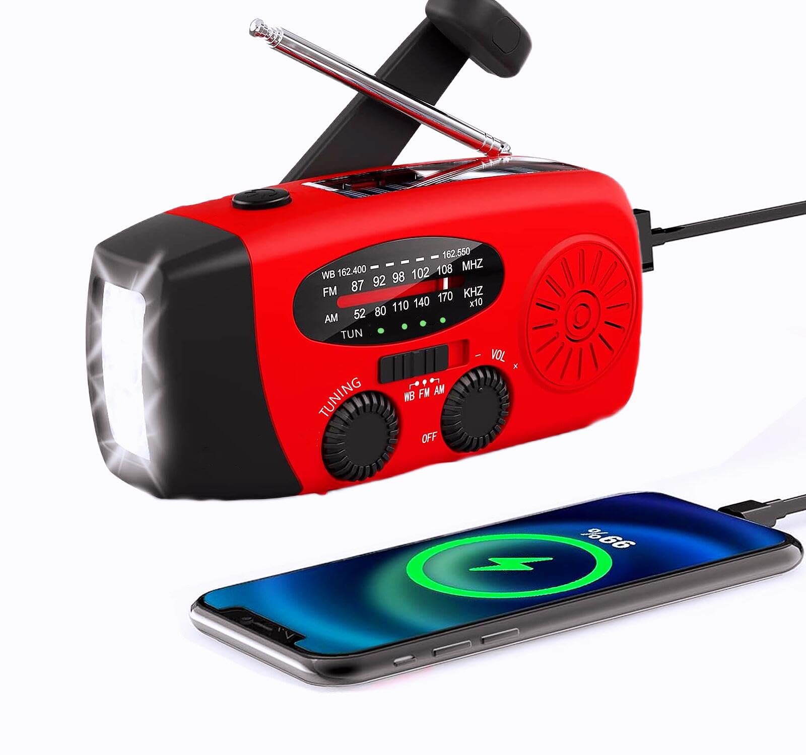 Handsider Solar Hand Crank Self Powered Survival Emergency Am Fm Noaa Weather Radio With Led Flashlight, 2000Mah Power Bank For