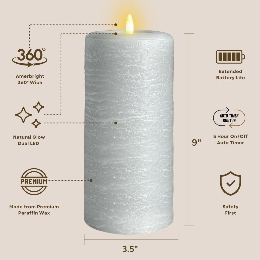 Lumipur Signature Natural Glow Flickering Flameless Led Wax Pillar Candle (3.5'' X 9'', Gray Fog)