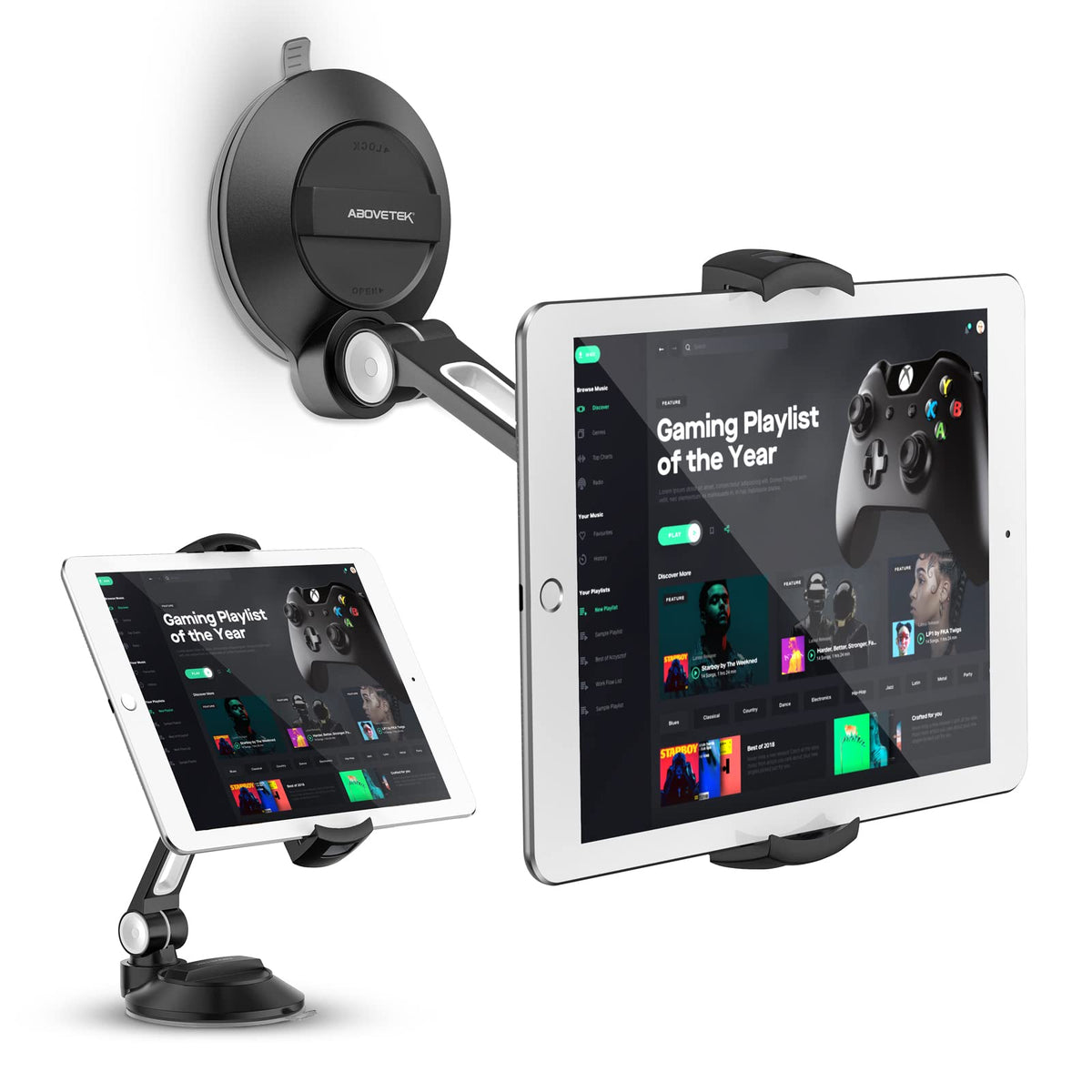 AboveTEK iPad Suction Mount, Phone Tablet Stand Holder with Suction Cup Fits 4' 11' Tablet/Phone/iPad Mini/iPad Air, Sticky iPad Mount on Window Bathroom Mirror, for Car Truck Windshield Boat (Black)