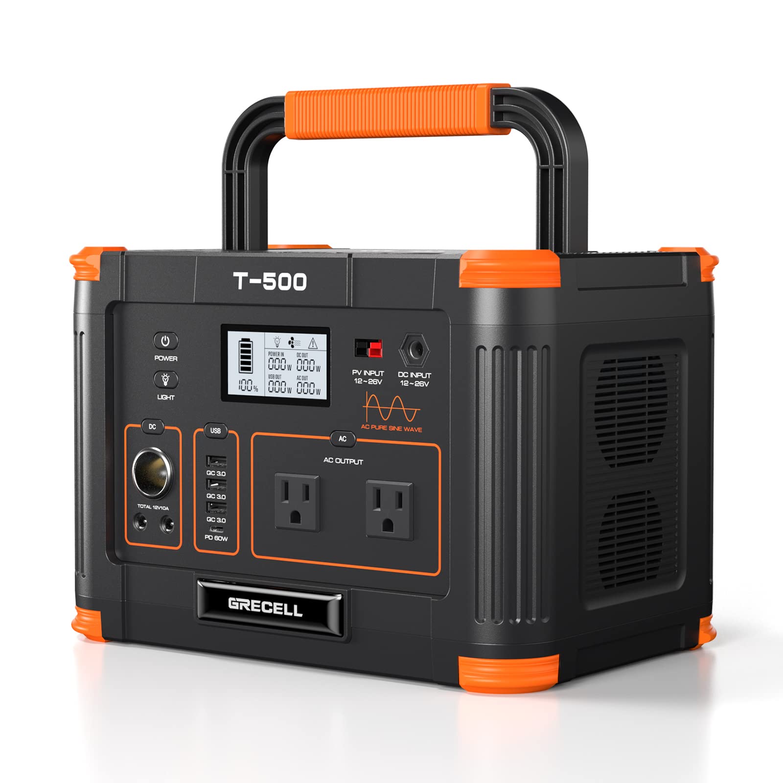 500W Portable Power Station, Grecell Solar Generator 519Wh (Peak 1000W) Lithium Battery Power Generator With 2*110V Ac Outlets,