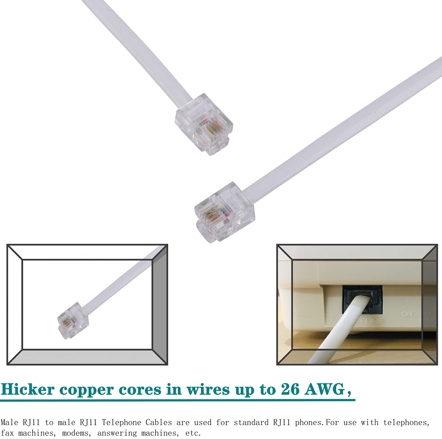 Lansensu Telephone Landline Extension Cord Cable Cord With Standard Rj 11 6P4C Plug (33Ft White, White)