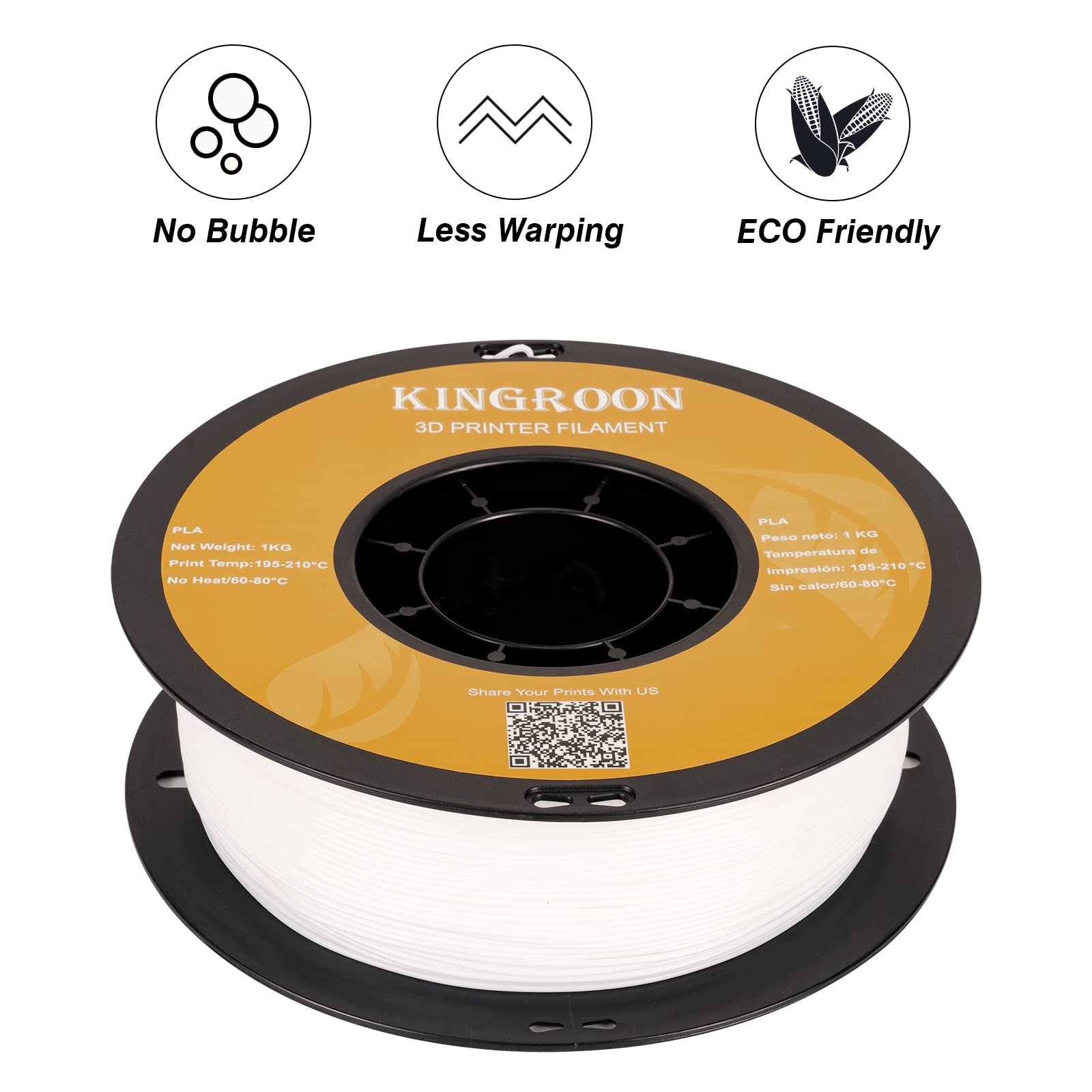Kingroon Pla 3D Printer Filament, Dimensional Accuracy +/  0.02 Mm, 1 Kg Spool(2.2Lbs), 1.75 Mm,White