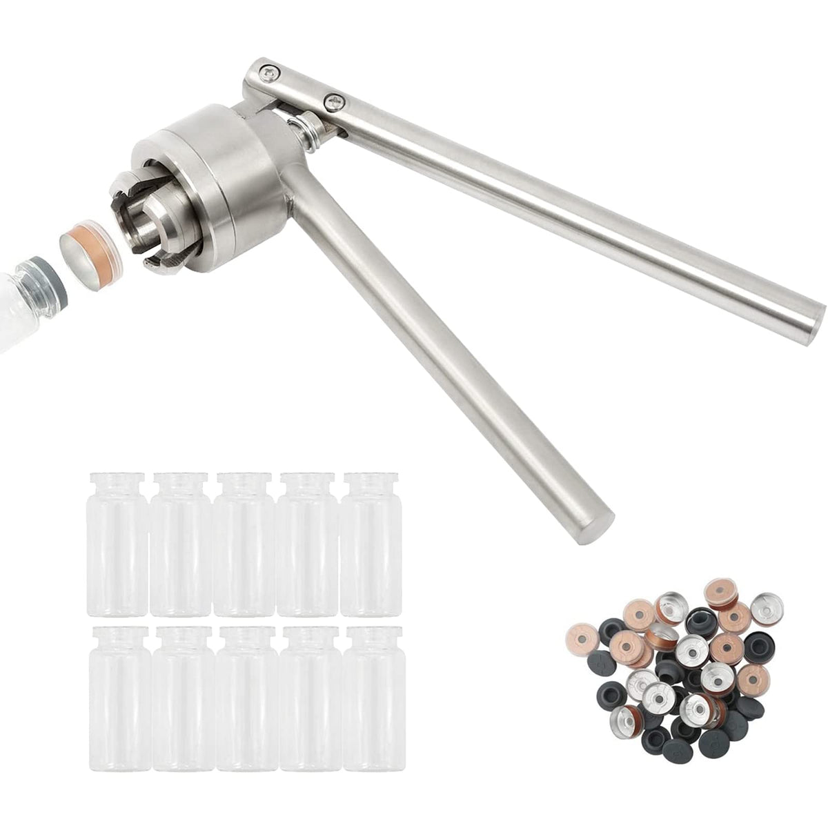 Highfree 20 Mm Vial Crimper Manual Sealer Hand Sealing Machine With 10 Set Of 10Ml Vials + Stopper + Caps, Hand Held Capping Mac