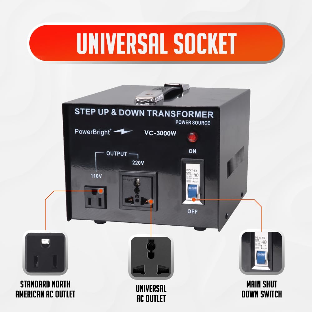 Powerbright Step Up & Down Transformer, Power On/Off Switch, Can Be Used In 110 Volt Countries And 220 Volt Countries, Convert From 220 240 Volt To 110 120 Volt And From 110 120 Volt To 220 240(3000W)