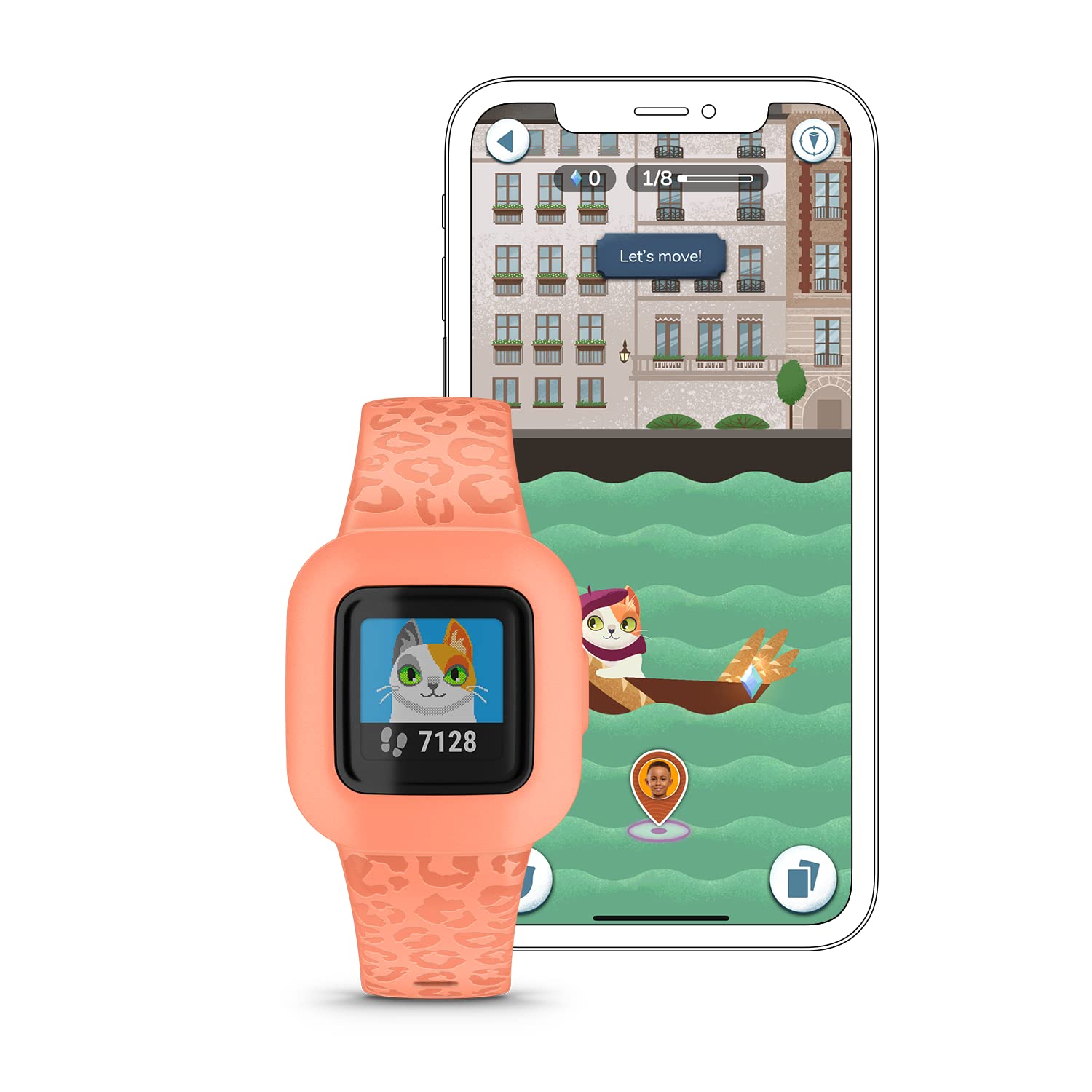 Garmin V  Vofit Jr. 3 Kids Fitness Tracker, Peach Leopard, Up To 1 Year Battery Life, Swim-Friendly, Activity Unlocks Adventure