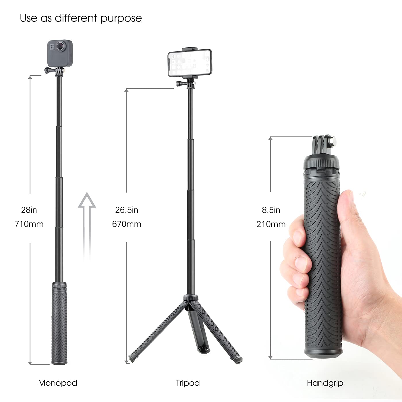 Soonsun 3-In-1 Aluminum Telescoping Selfie Stick Waterproof Monopod Pole Handheld Grip Tripod Stand For Gopro Hero 12 11 10 9 8