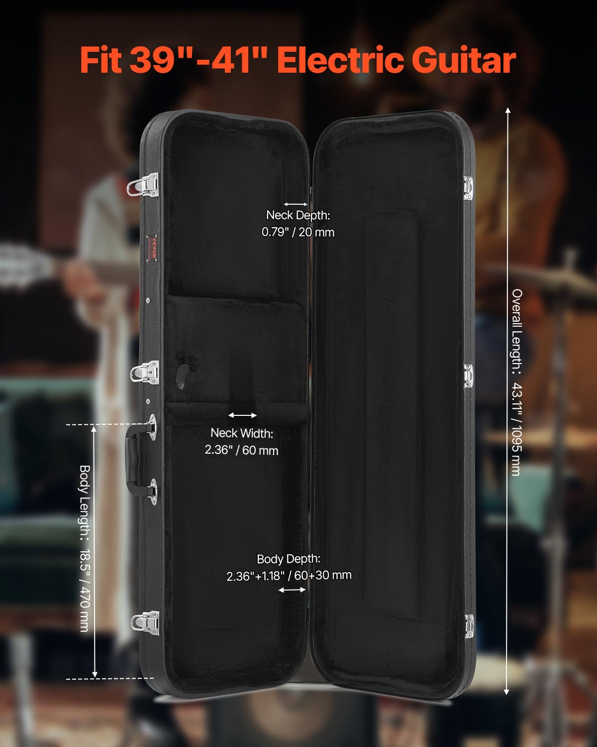 Vevor Electric Guitar Hard Case, 43.11 In Rectangular Guitar Hard Case, With Lock Latch Keys Handle, Pvc Padding Soft Lining Wat