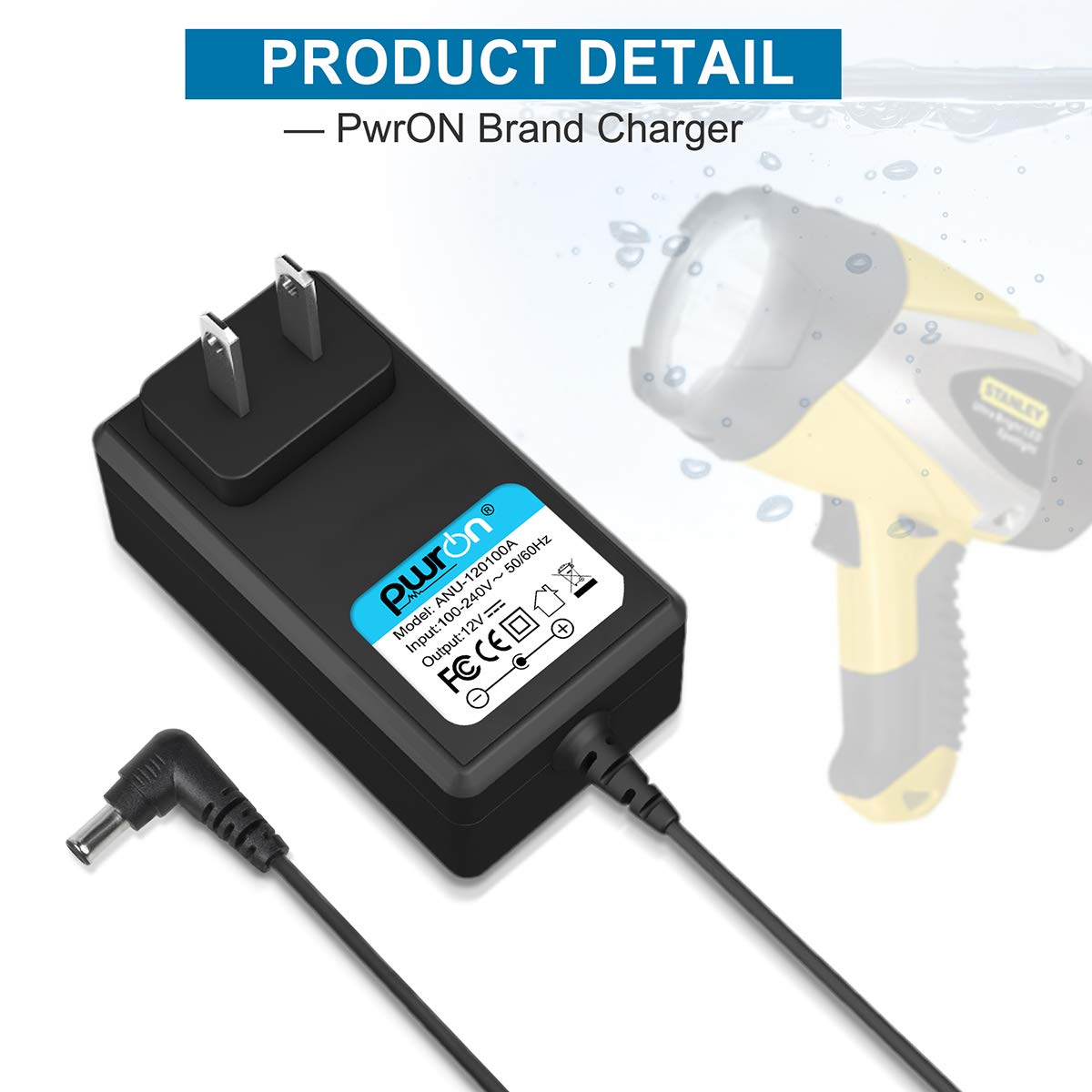 Pwron Ac Adapter Compatible With Stanley Fatmax Sl10Leds 10 Watt Li Ion Led Rechargeable Spotlight, Sl1M09 Sl5W09 Hid0109 Fl5W10 Fl3Wbd Led Rechargeable Flashlight 12Vdc Power Supply Cord