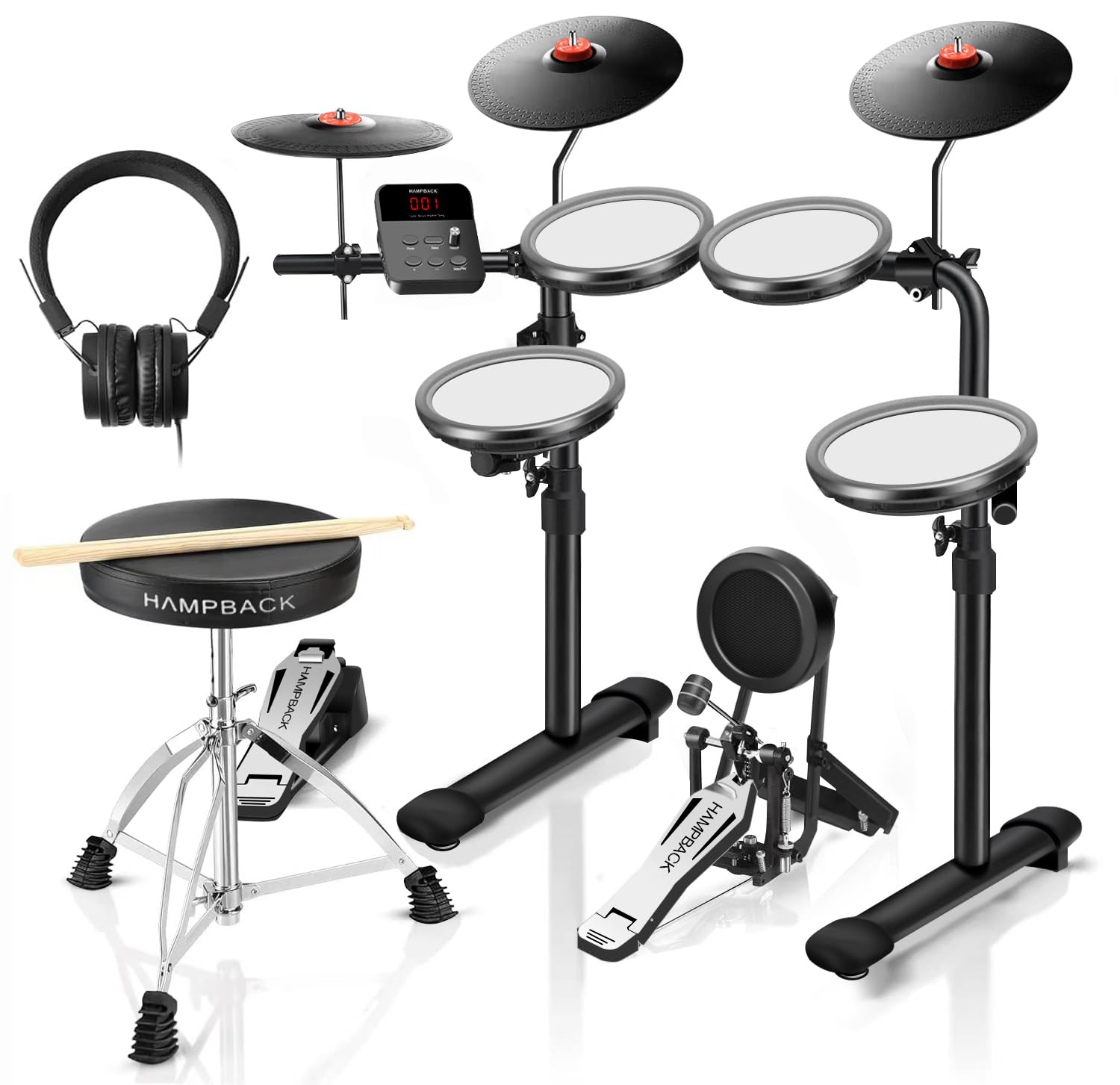 HAMPBACK MK-0 PRO Electric Drum Set with 7 Mesh Drum Pads, 8 Full Rubber Cymbals, 5 Bass Drum, 12 Kits and 68 Authentic So