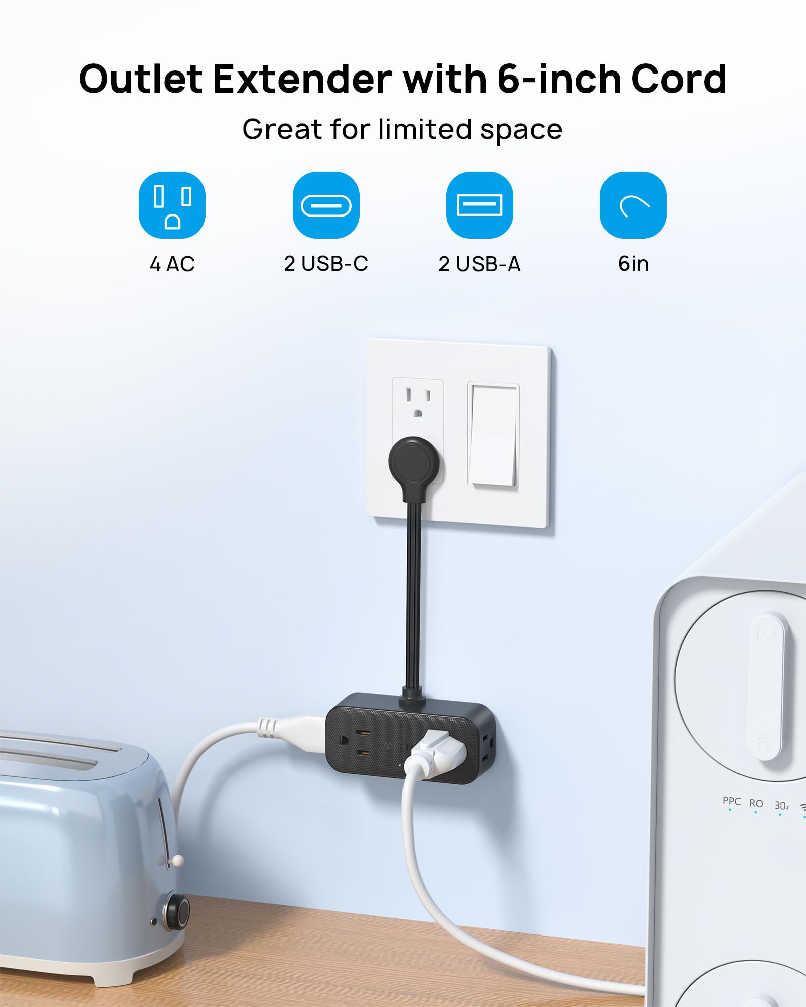 Trond Outlet Extender With 6 Inch Cord, Multi Plug Wall Outlet With 4 Electrical Sockets And 4 Usb Ports, Wall Mountable, Flat P