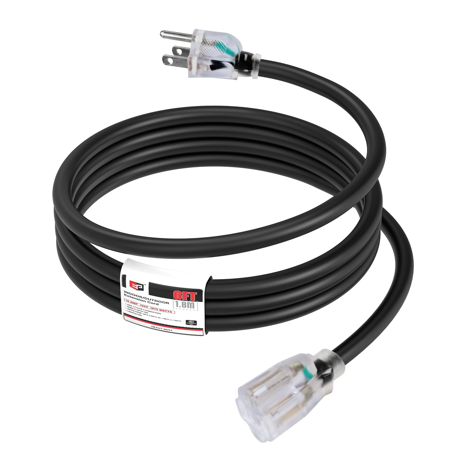 Ep 6Ft 14/3 Lighted Outdoor Extension Cord   14 Gauge 3 Prong Sjtw Heavy Duty Black Extension Cable With 3 Prong Grounded Plug F