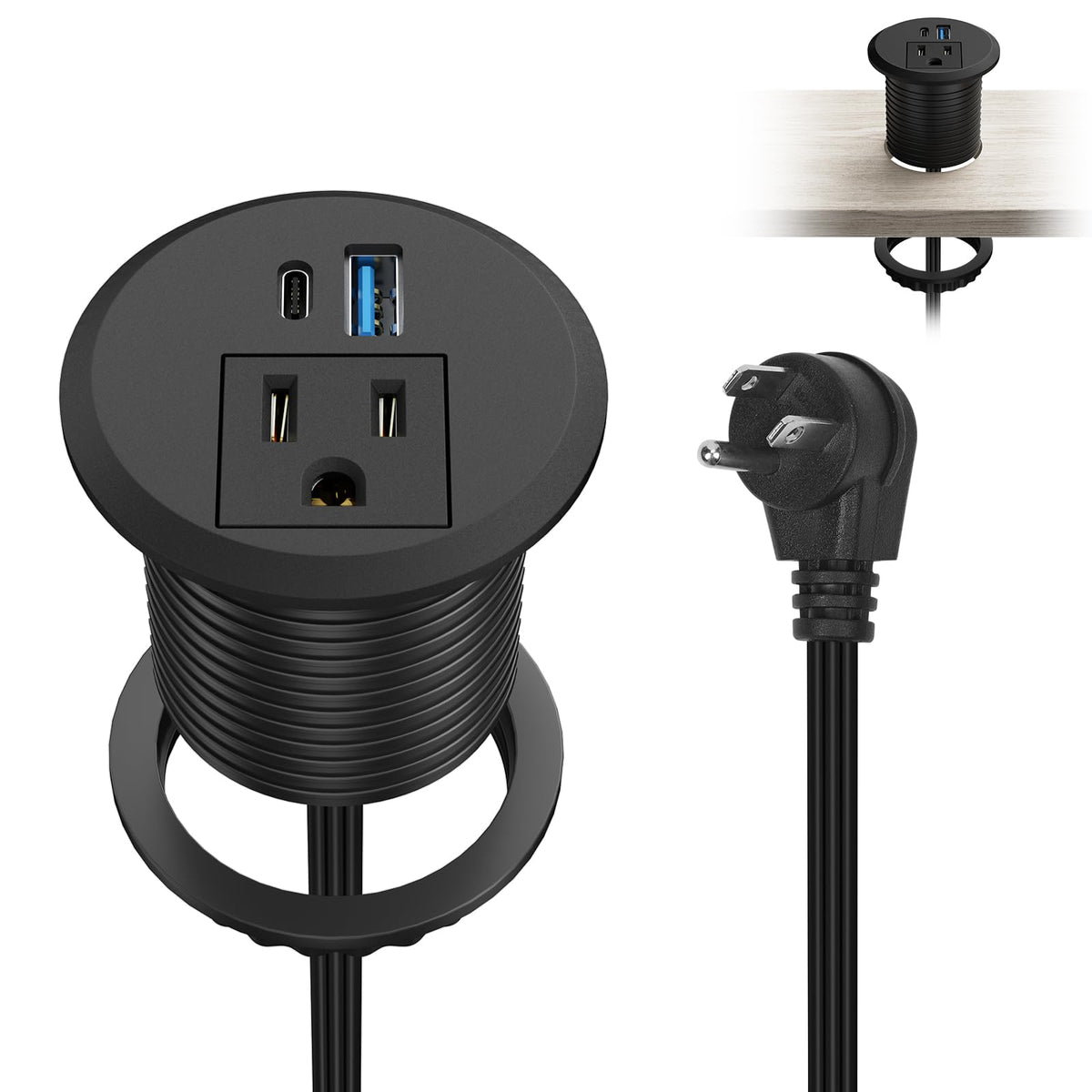 Xba 2Inch Desktop Power Grommet Recessed Power Strip With Pd 20W Usb C,Ac Outlet And 18W Usb A Charging Port, Hidden Power Outle