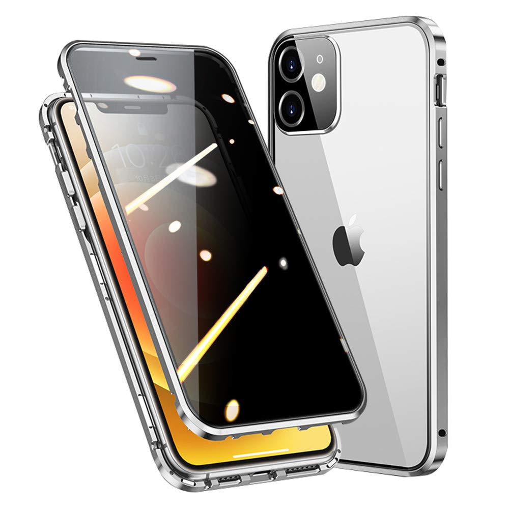 HENGHUI iPhone 13 Mini Lockable Anti Peeping Magnetic Aluminum Tempered Glass Phone Case Silver