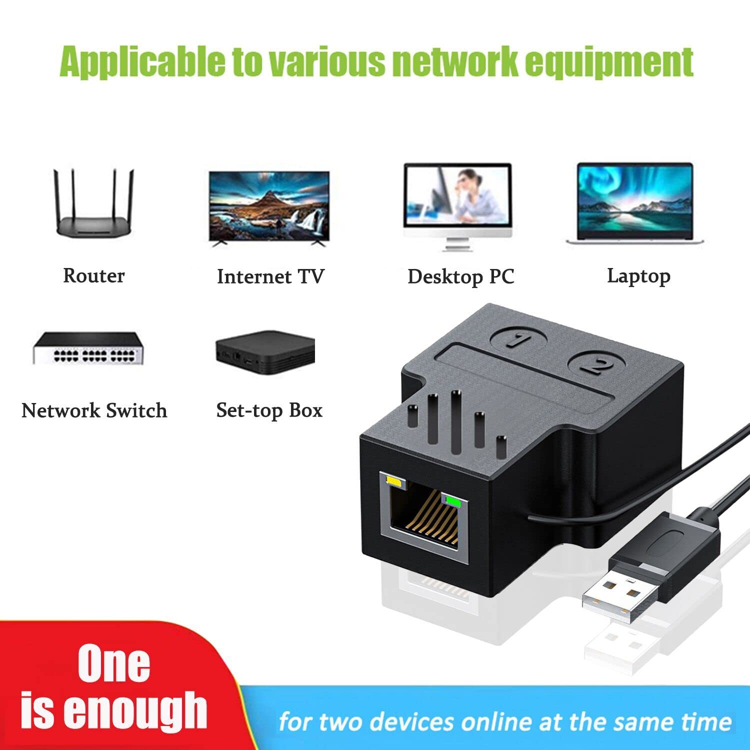 Akwor Rj45 Ethernet Splitter 1 To 2, Mini Gigabit Network Ethernet Switch With Usb Power Cable, Cat 5/6/7/8 Network Cable (Suppo