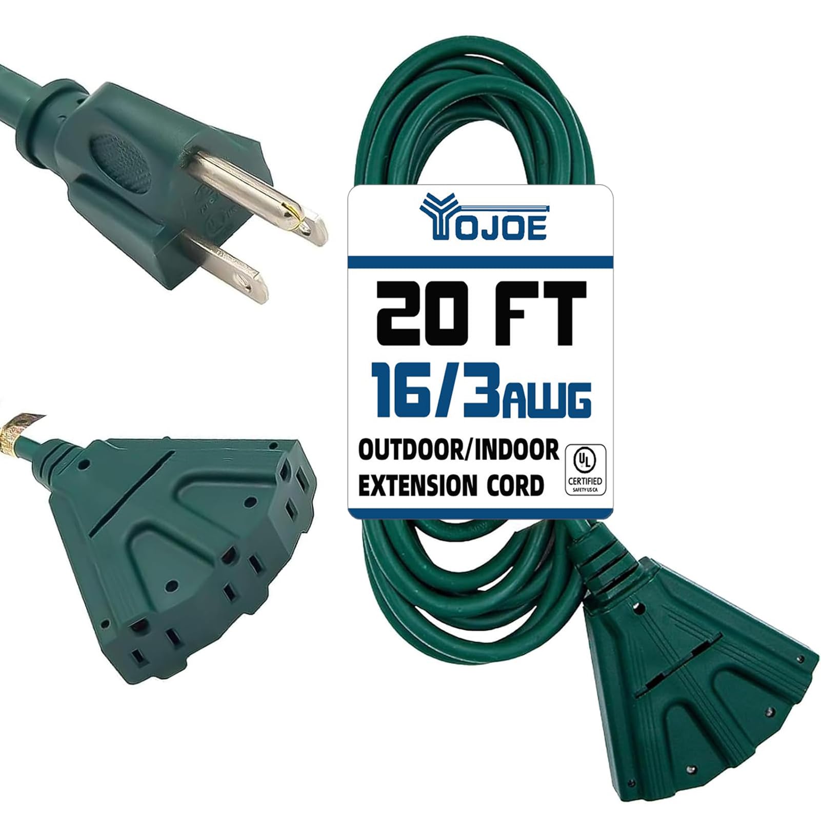 Yojoe 3 Outlets Indoor Outdoor Extension Cord, 3 Prong 13A Weatherproof Power Cord Multiple Outlets, 16 Gauge Heavy Duty 20 Ft G