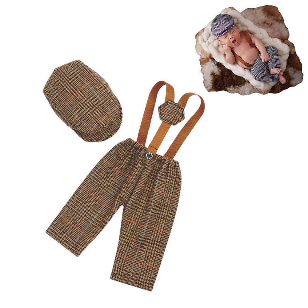 Newborn Monthly Baby Photo Props Stripe Cool Boys Cap Rompers Photography (Dark Coffee)