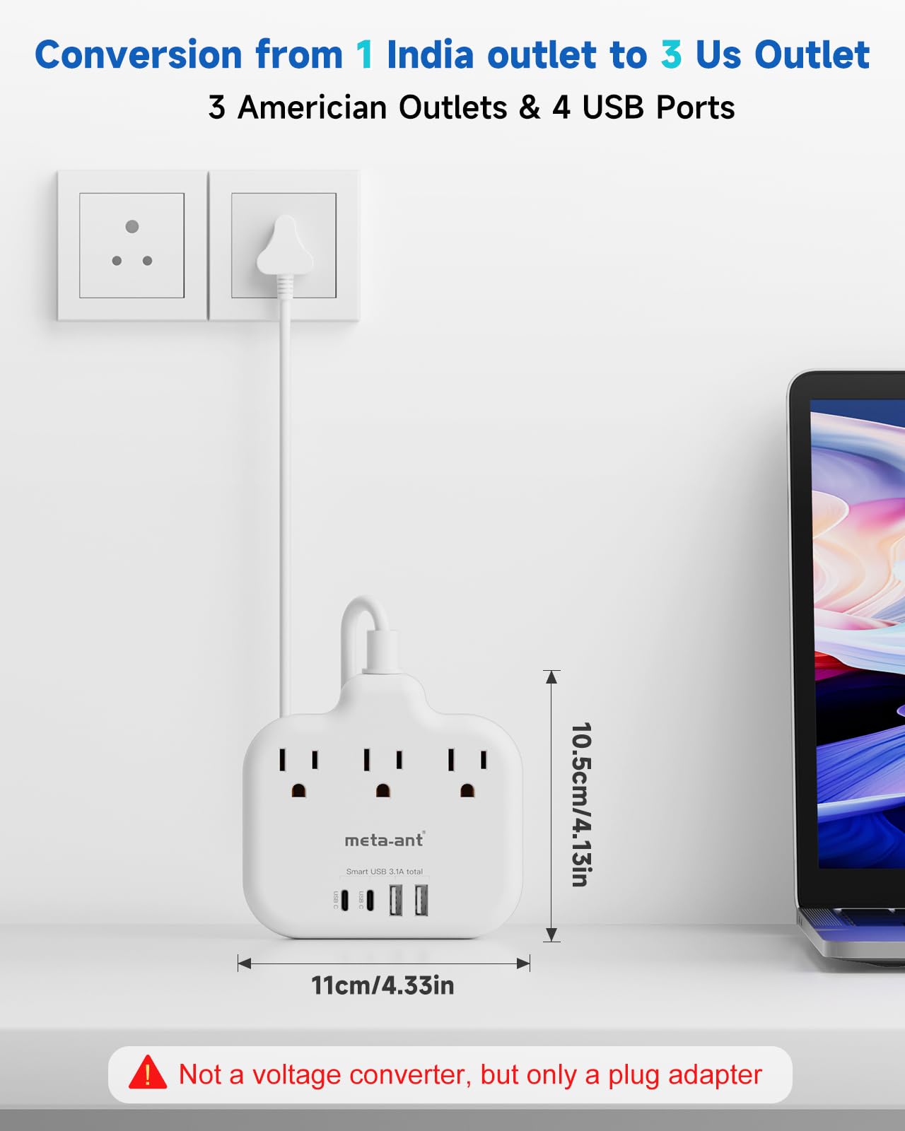 Us To India Plug Adapter, Meta Ant India Power Adapter With 3 American Outlets 4 Usb Charger Ports(2 Usb C), 5Ft India Extension
