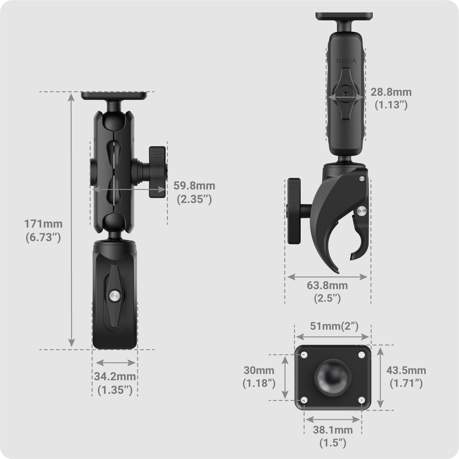 Tusita Motorcycle Atv/Utv Mount Compatible With Garmin Montana, Zumo Xt   Claw Clamp Base,Medium Arm