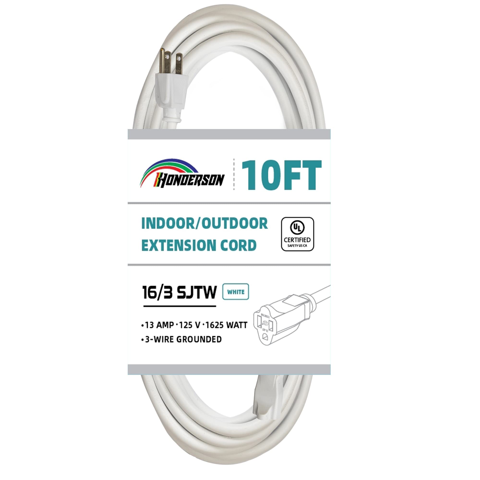 Honderson Indoor Outdoor Extension Cord Weatherproof, Ul Listed, 16 Gauge 10Ft White 3 Prong Heavy Duty, 16/3 Sjtw 13A Power Cor