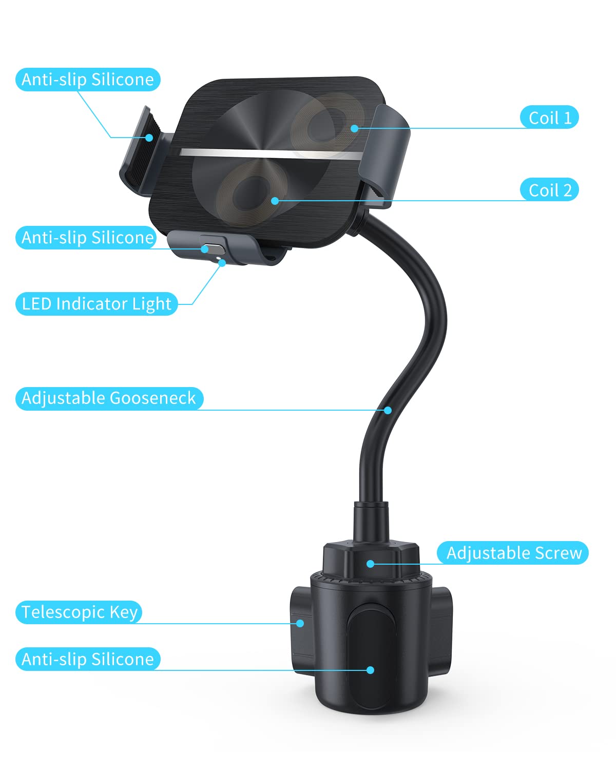 Makaqi Wireless Car Charger For Z Fold 6/5/4/3/2, Dual Coil Cup Holder Phone Mount, Wireless Car Charger For Tesla, Auto Clampin