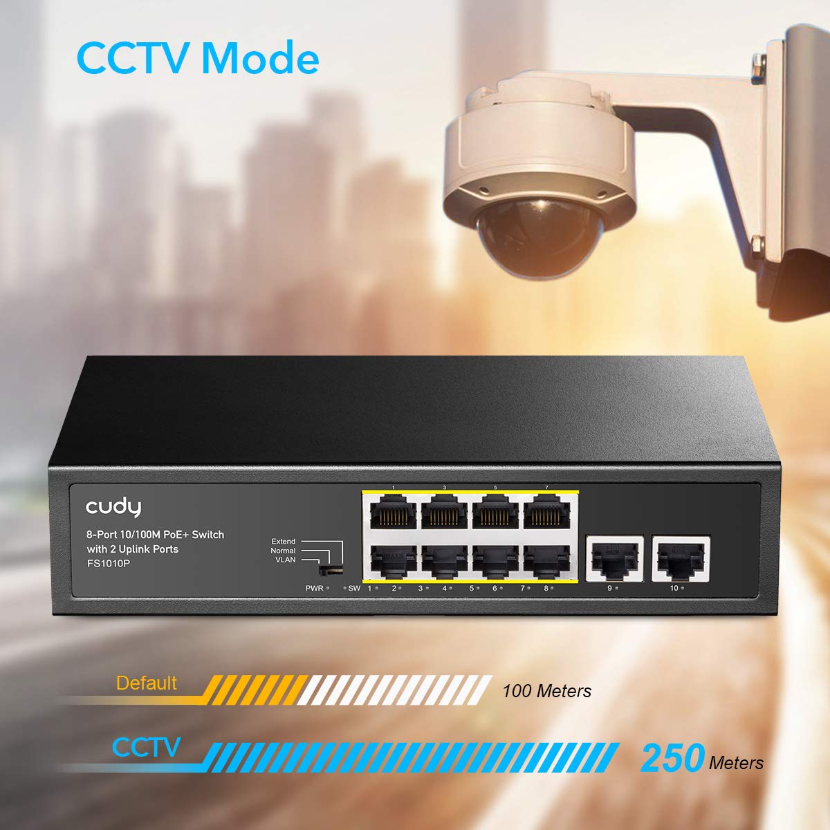 Cudy 8 Port Poe+ Switch With 2 Uplink Ports 120W, 8 10/100Mbps Poe+@120W, Extend/Vlan Mode, 802.3Af, 802.3At Standard, Fanless,