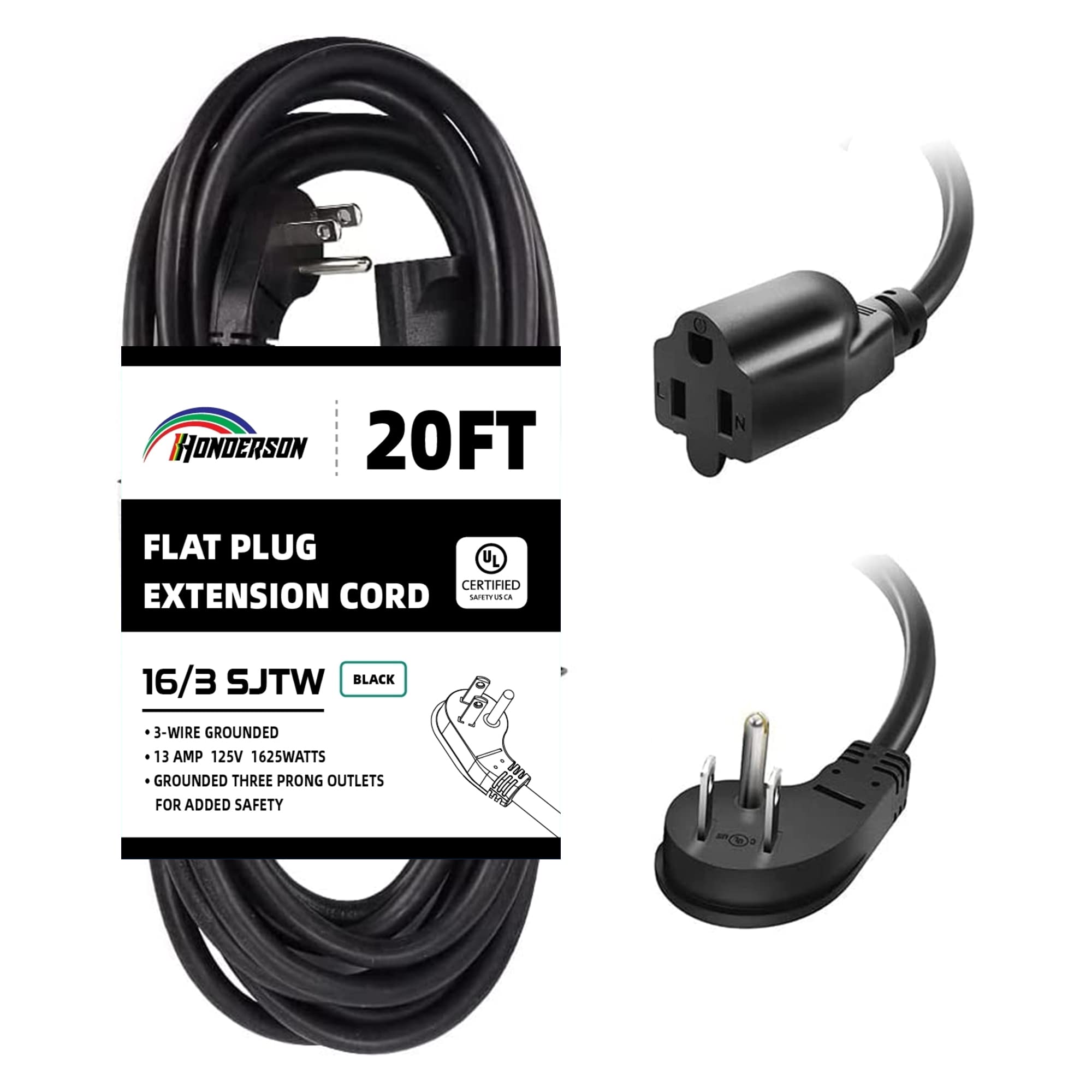 Honderson Flat Plug Indoor Extension Cord, Ul Listed, 16 Gauge 20Ft Black 3 Prong Heavy Duty Extension Cord, 16/3 Sjtw 13A Power